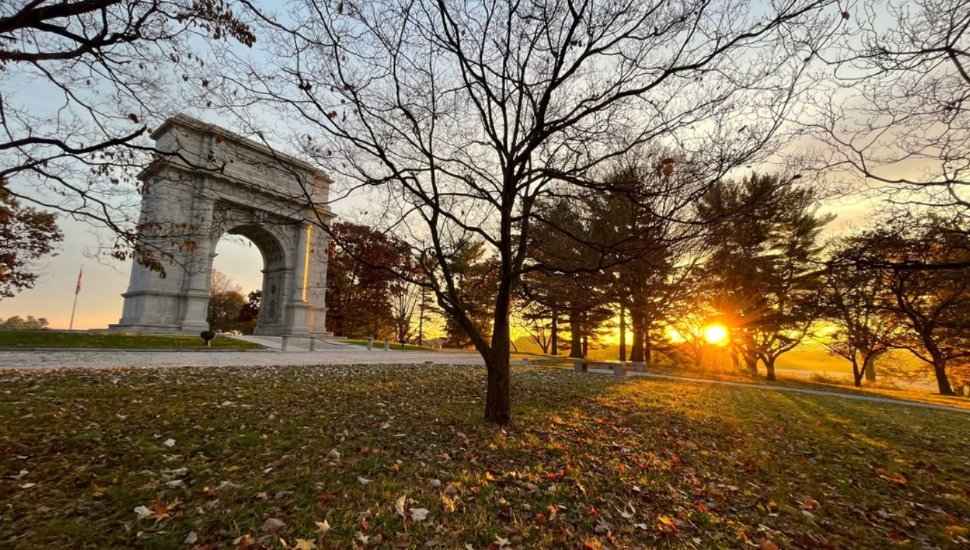 The Valley Forge National Park monument on a fall sunset.