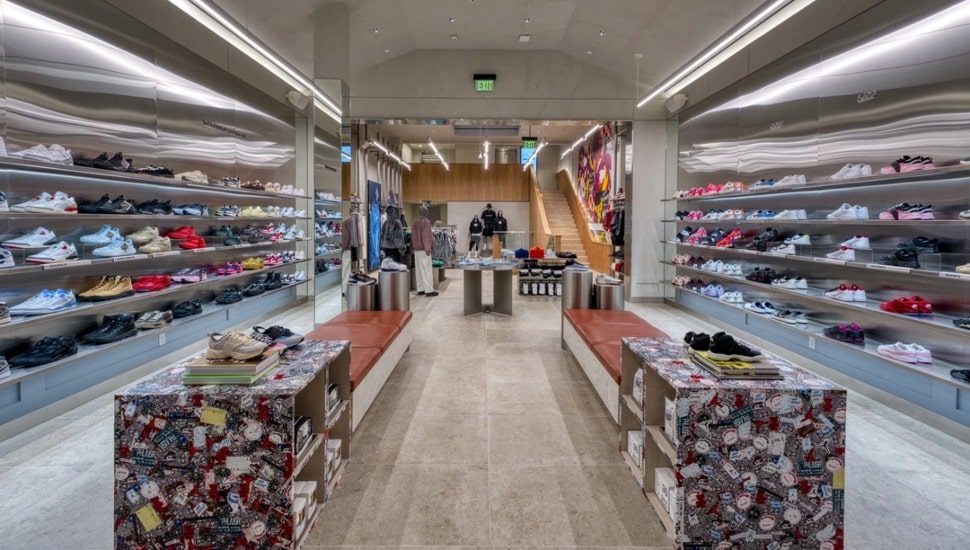 Inside Philadelphia's Jordan Brand World of Flight store, filled with sneakers.