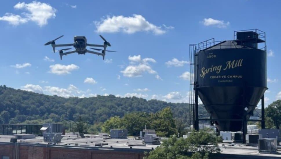 A ZeroEyes drone flying over their Spring Mill campus.