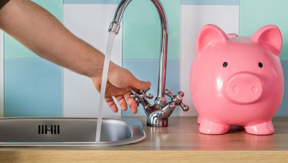 Flowing tap water and a piggy bank standing next to it. Water consumption price concept.