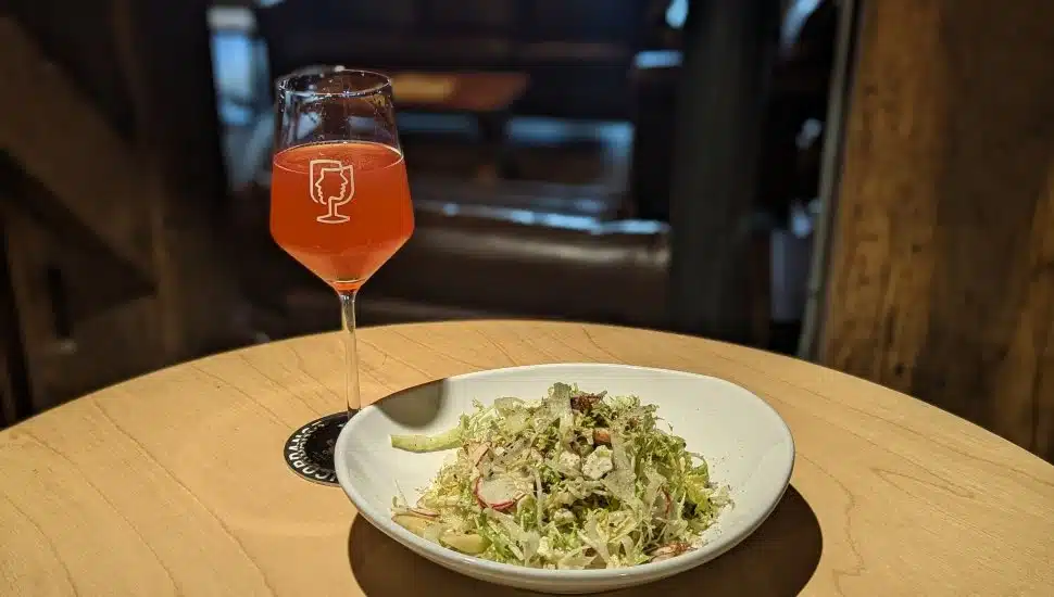 A glass of reddish craft beverage and a fresh green salad served on a wooden table at Concordance Ferments.