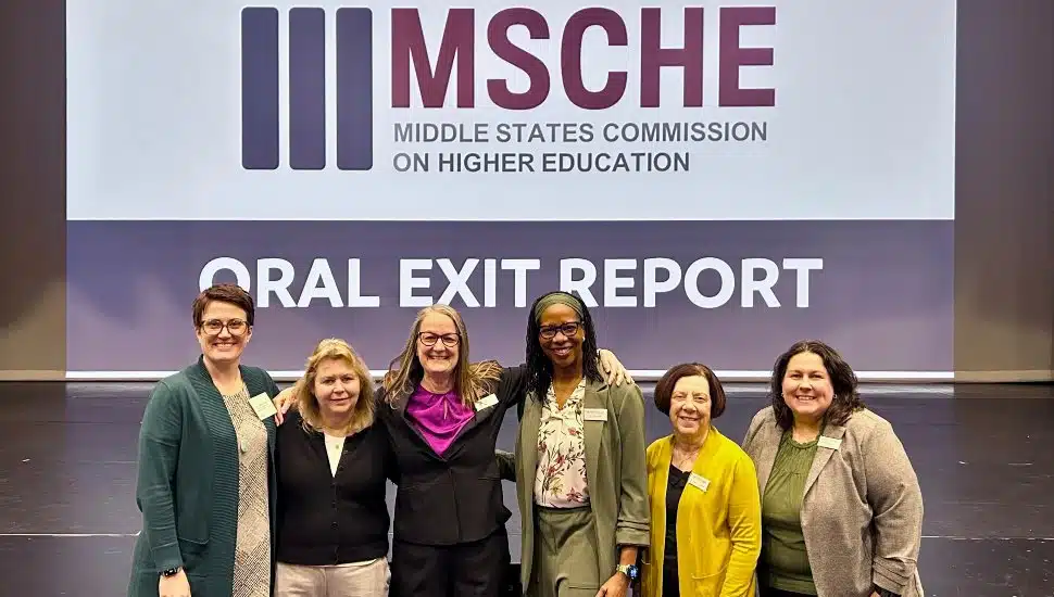 From left: MSCHE Co-chairs Dr. Amanda Gatchet and Dr. Cathy Carsley; Dr. Vicki Bastecki-Perez, MCCC President; and Core Team members Dr. Chae Sweet, Vice President of Academic and Student Affairs and Provost; Dr. Celeste Schwartz, MSCHE Liaison; and Dr. Bridget Haines-Frank, Executive Director of Institutional Research, Effectiveness and Planning.