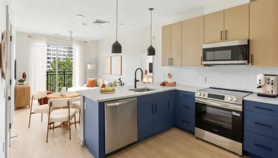 A staged kitchen at Blayr apartments.