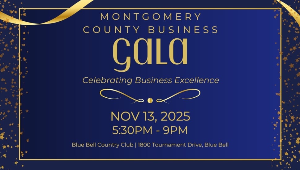 Blue graphic with gold lettering promoting business gala.