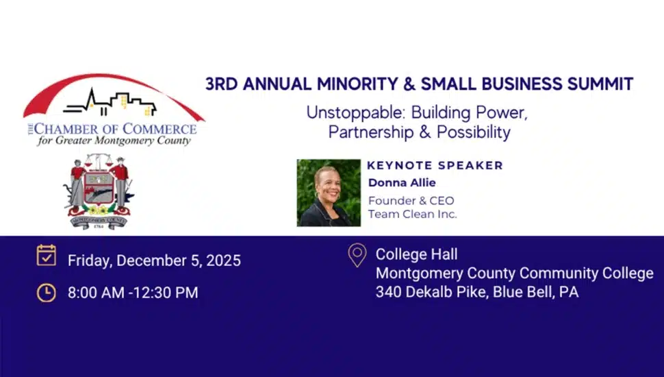 White and blue graphic promoting business summit.