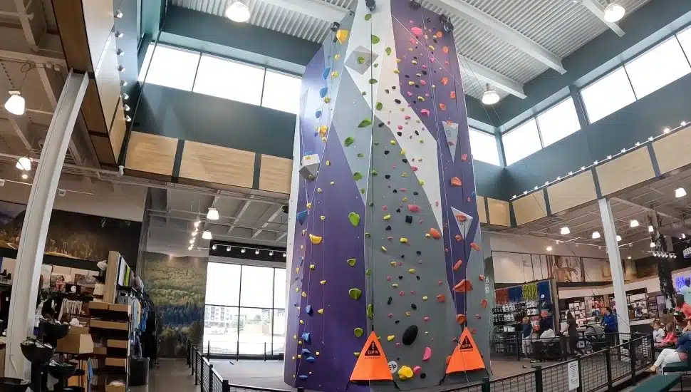 A rock climbing wall in a Dick's House of Sport.