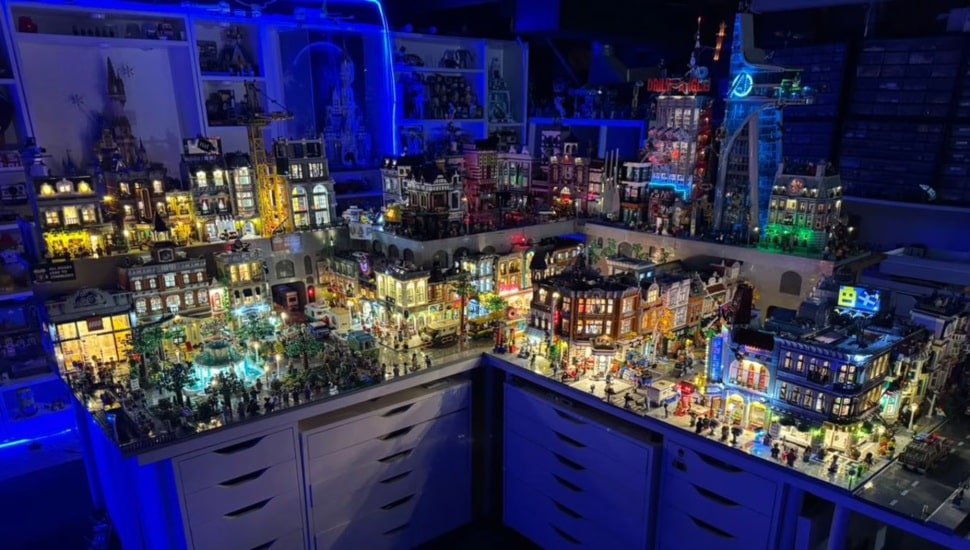 Lego constructions are outfitted with lights.