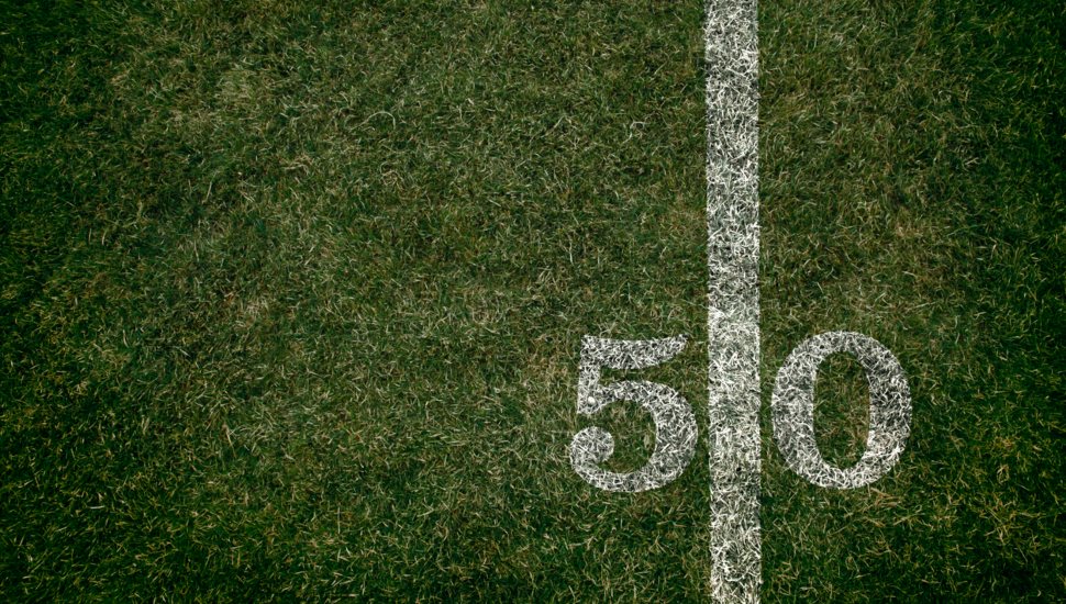 The 50-yard line on a football field.