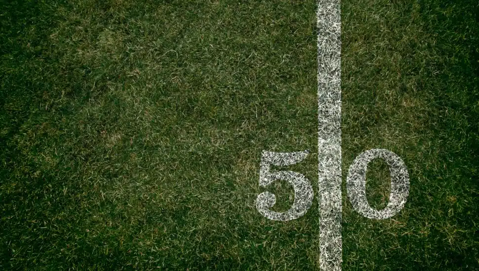 The 50-yard line on a football field.