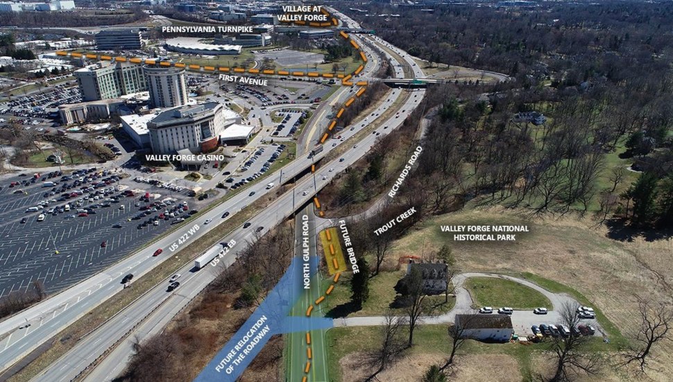 Aerial view of proposed connector linking to trails along busy highway.