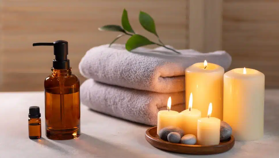 Lotions, candles, and towels at a day spa.