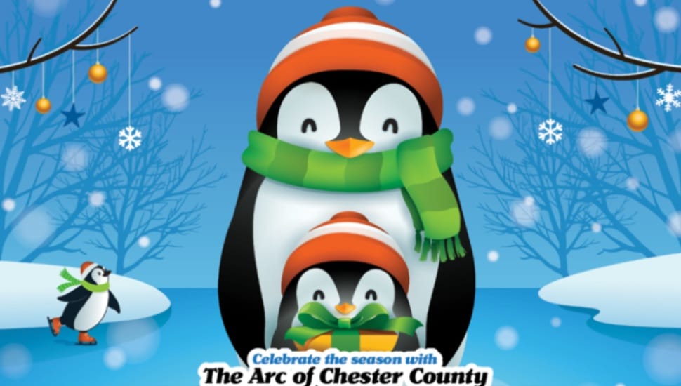 A poster from the Arc of Chester County showing a penguin in a scarf, cap and sweater outside in the snow promoting its Dec. 6 Holiday Fun Fest.