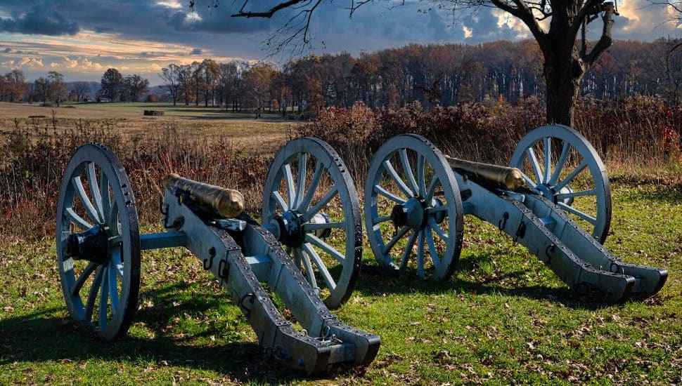 Replicas of 6 pounder cannons used during the American Revolution in Artillery Park at Valley Forge.