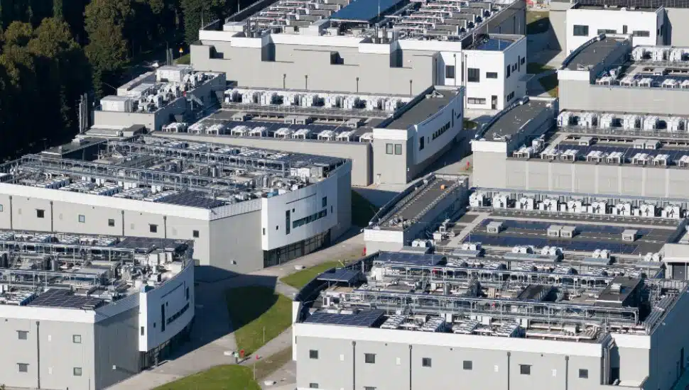 Aerial drone photo of data center campus.