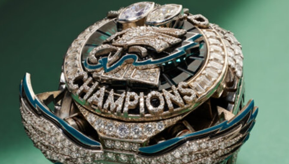 A close up of the Eagles' 2024 Super Bowl ring.