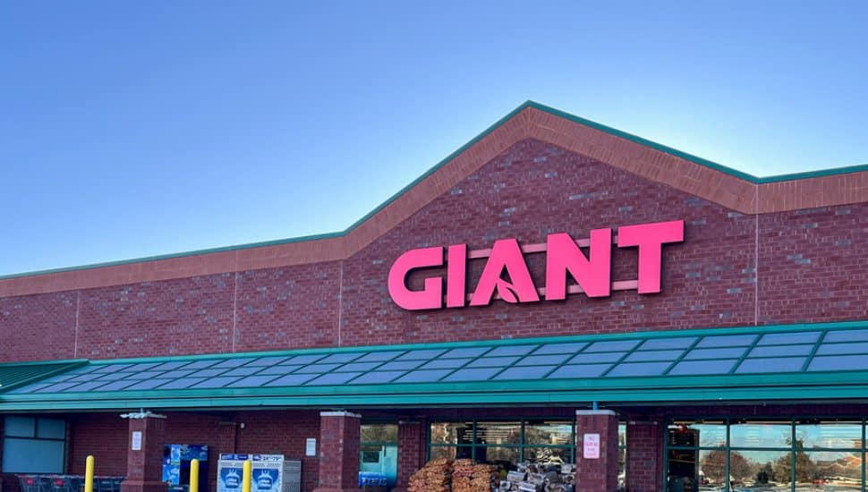 A large brick building with a 'Giant' sign on the front.