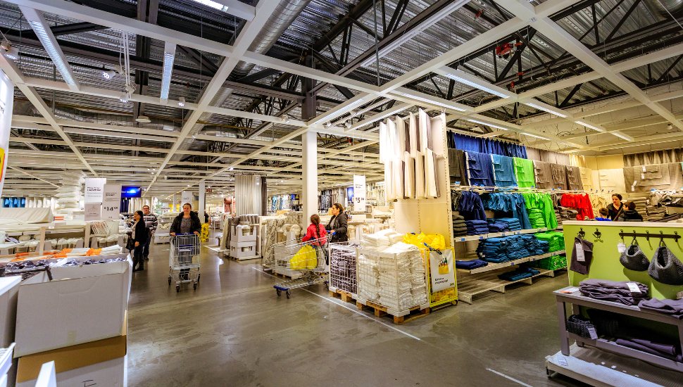 Interior of large IKEA store with a wide range of products.