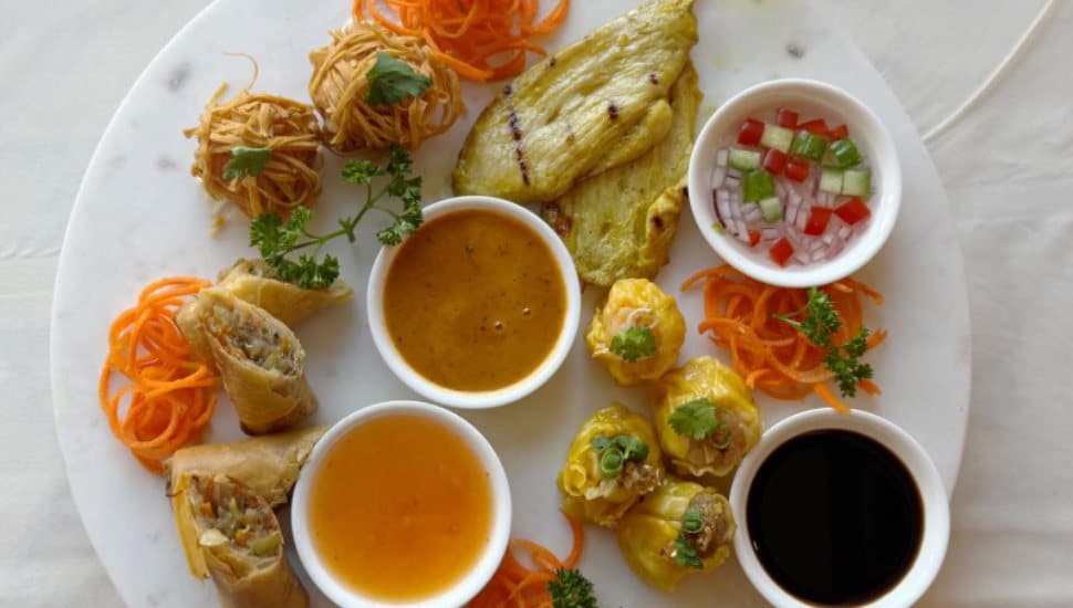 A platter with traditional souther Thai dishes from Manorah BYOB.