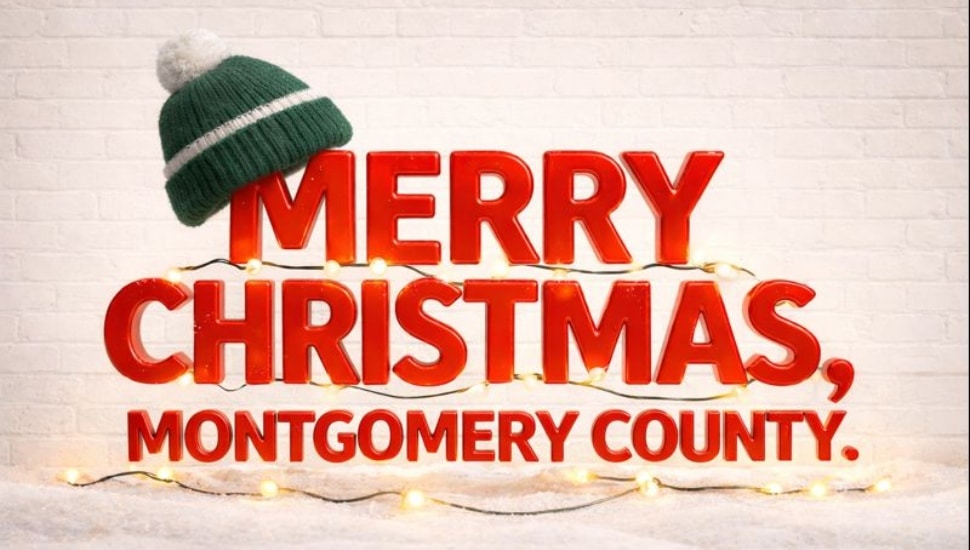 3D "MERRY CHRISTMAS" lettering with glossy red letters, adorned with a Eagles hat and festive string lights.
