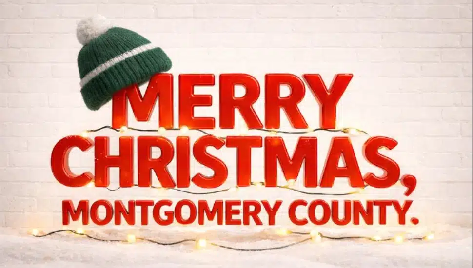 3D "MERRY CHRISTMAS" lettering with glossy red letters, adorned with a Eagles hat and festive string lights.