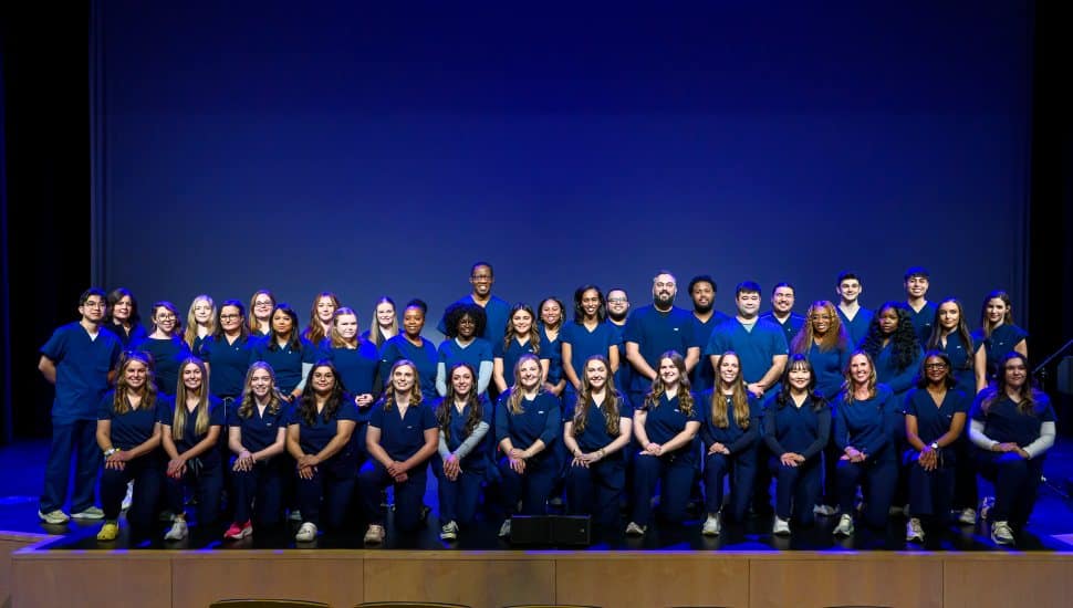 Montgomery County Community College celebrated the graduation of 41 nurses during a special pinning ceremony on the Blue Bell Campus. Nurses gathered wearing scrubs at graduation ceremony.