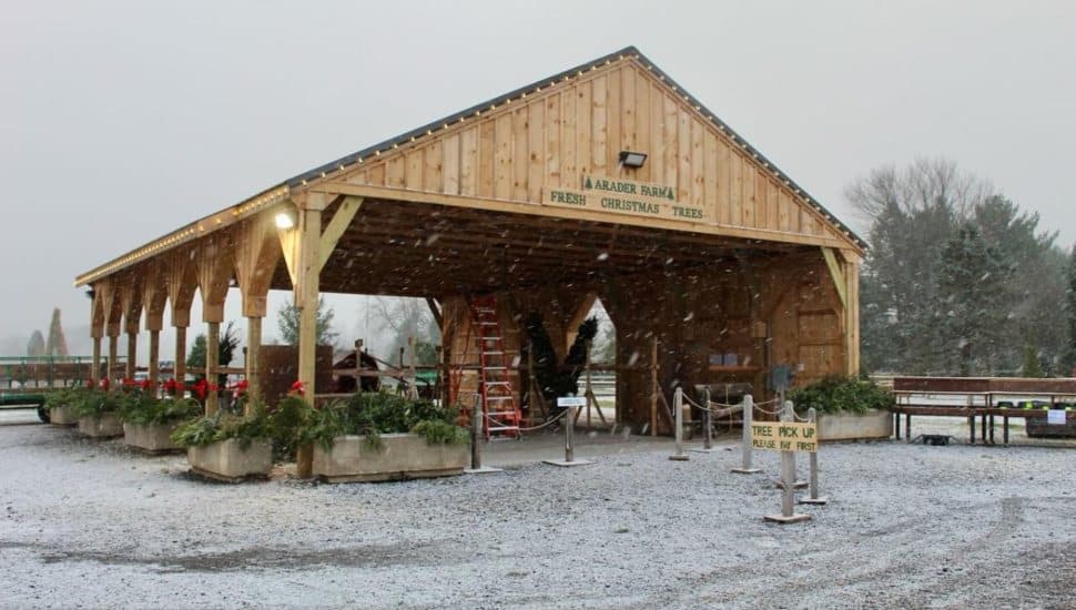 Snow falls around a wooden pavilion at Arader Farm, decorated with holiday greenery and signage for fresh Christmas trees and tree pickup.