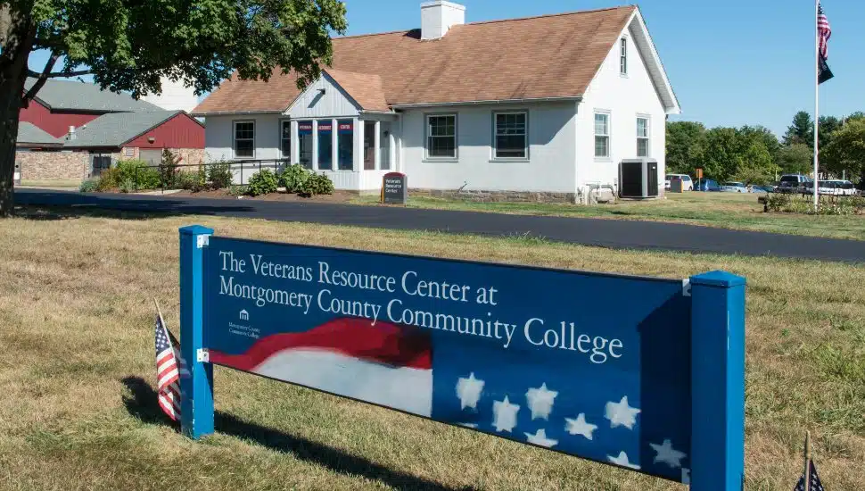 Veterans Resource Center at Montgomery County Community College with patriotic signage supporting military-connected students.