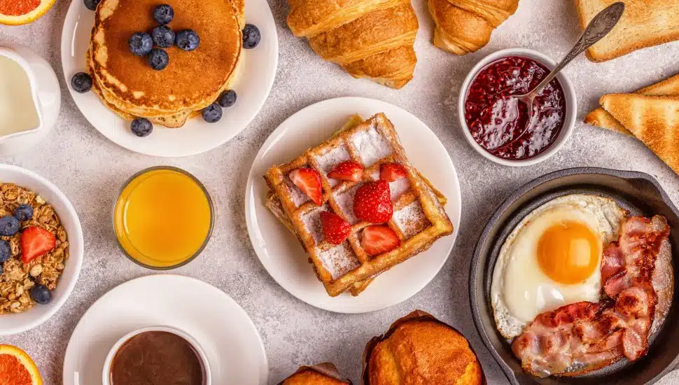 Delicious breakfast on a light table.