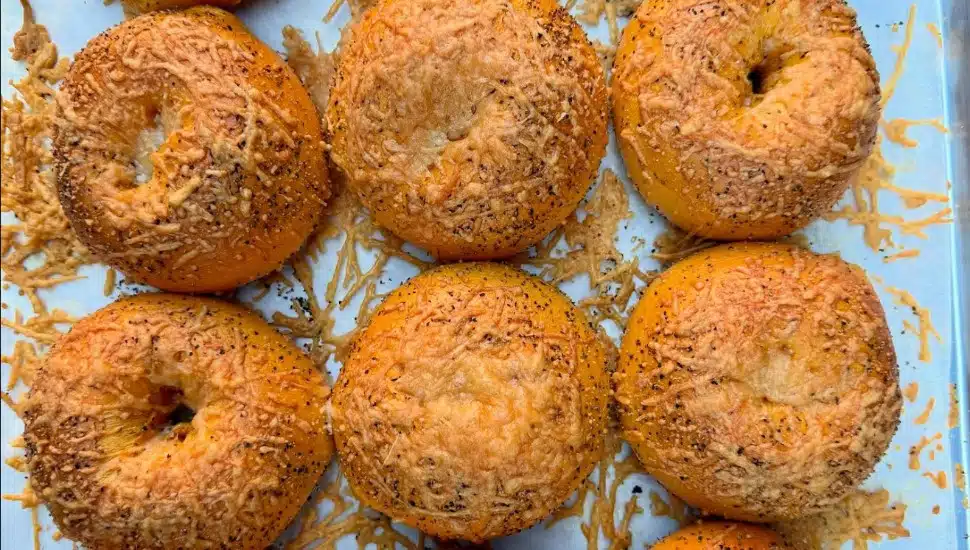 Cheese-covered bagels from Bart's Bagels.