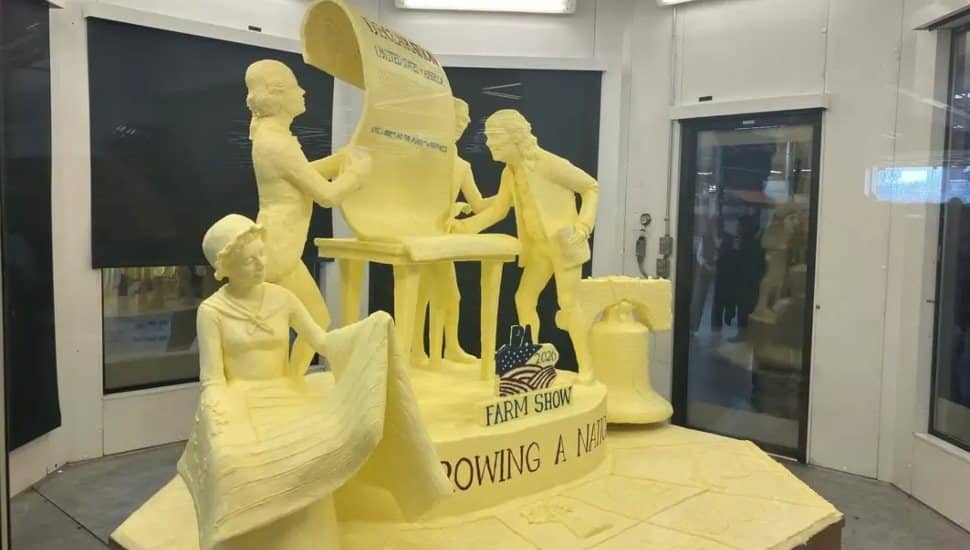 Jim Victor and Marie Pelton's butter sculpture depicts Benjamin Franklin and Betsy Ross.