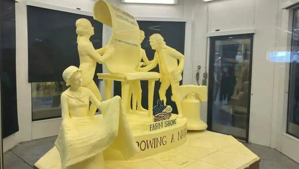 Jim Victor and Marie Pelton's butter sculpture depicts Benjamin Franklin and Betsy Ross.