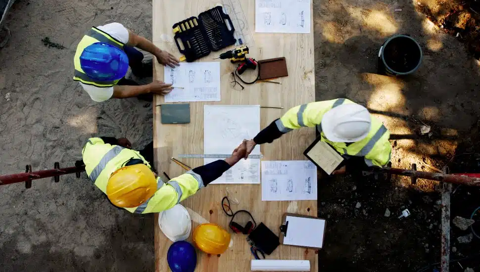 General contractors shake hands over blueprints.