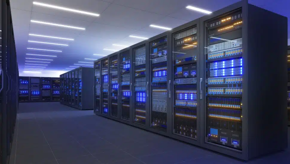 Black storage and processing unit, large AI processing server room, data center storage.