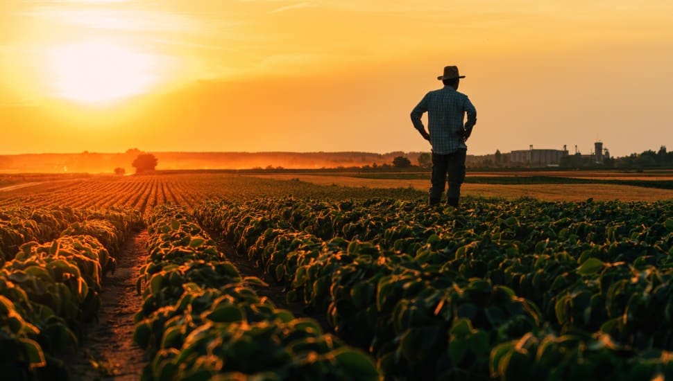 Back lit silhouette of male farmer standing in cultivated soybean field in summer sunset.