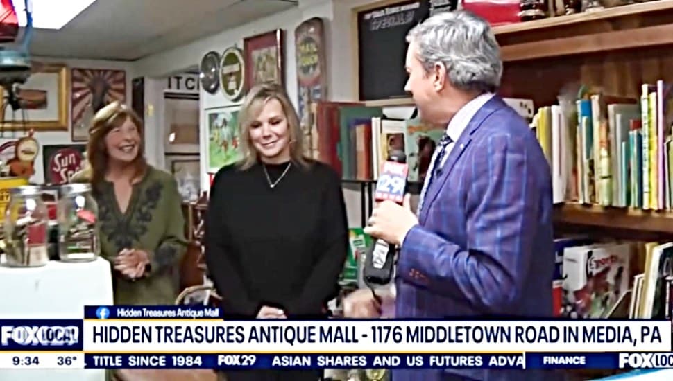 Fox 29’s Bob Kelly with Hidden Treasures Antique Mall owners Janis Tappenden and Missy Singley.