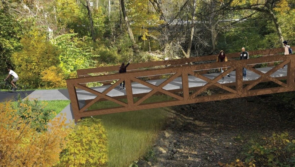 Rendering of pedestrian bridge crossing a creek.