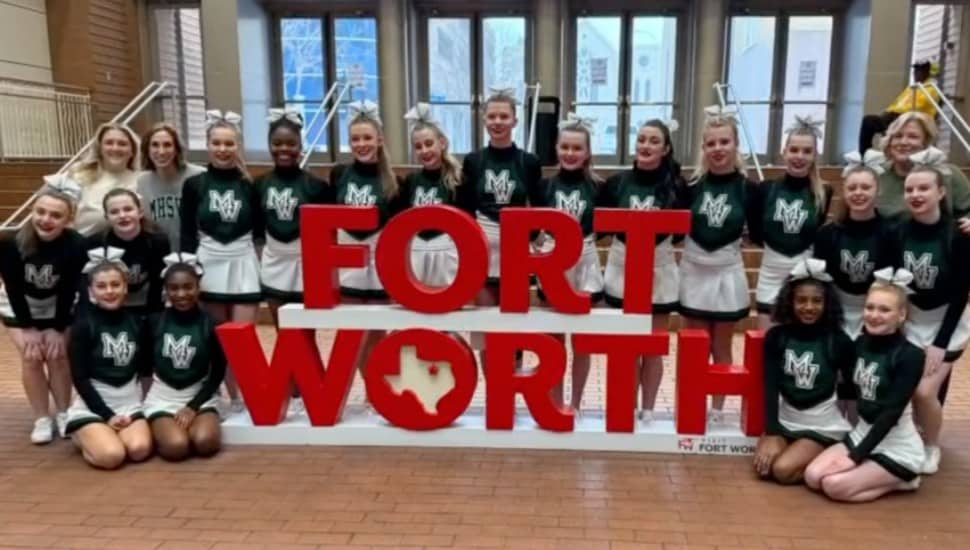 The Methacton High School cheer team poses at Fort Worth, Texas.