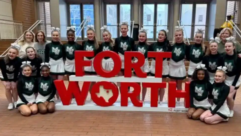 The Methacton High School cheer team poses at Fort Worth, Texas.