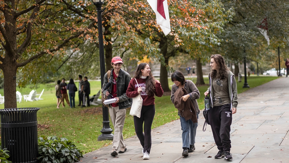 Students at Swarthmore College walking the grounds.