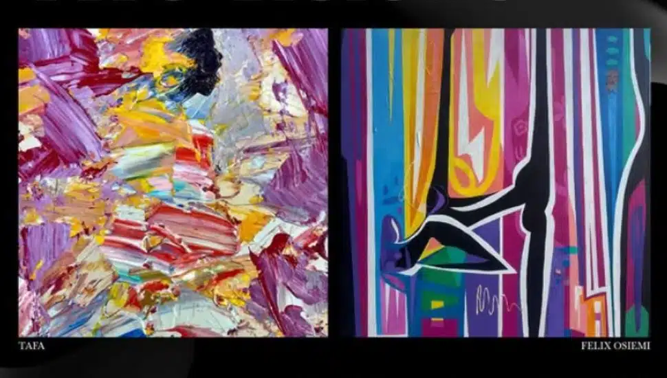 Promotional poster for “Two Visions, One Path” exhibition featuring abstract artworks by TAFA and Felix Osiemi, on view December 19 through January 31 at Moody Jones Gallery.