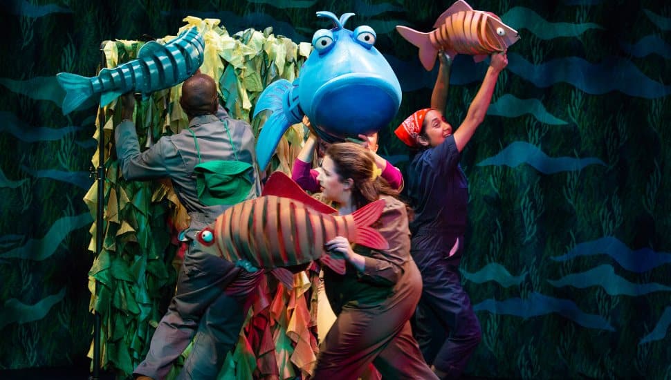 (From left) Emmanuel Elpenord, Kelly Grago, Leanne Brunn, Mukta Phatak in a performance of “The Pout-Pout Fish.” The TheaterWorksUSA musical production is coming to the Montco Cultural Center theater at Montgomery County Community College, Saturday, Apr. 11, for two shows.