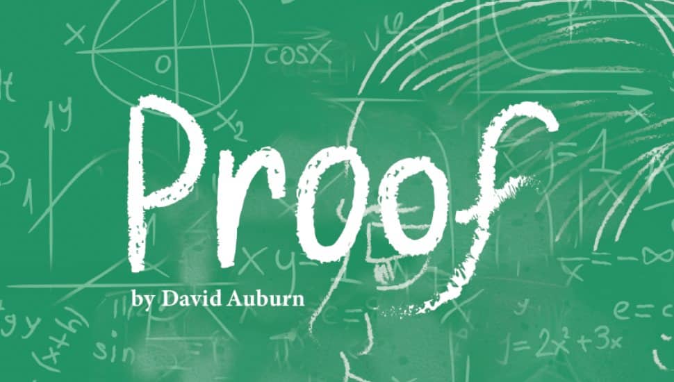Green chalkboard-style poster for Proof by David Auburn, featuring handwritten mathematical equations and the play’s performance dates, January 27 to March 1, 2026, at Act II Playhouse.