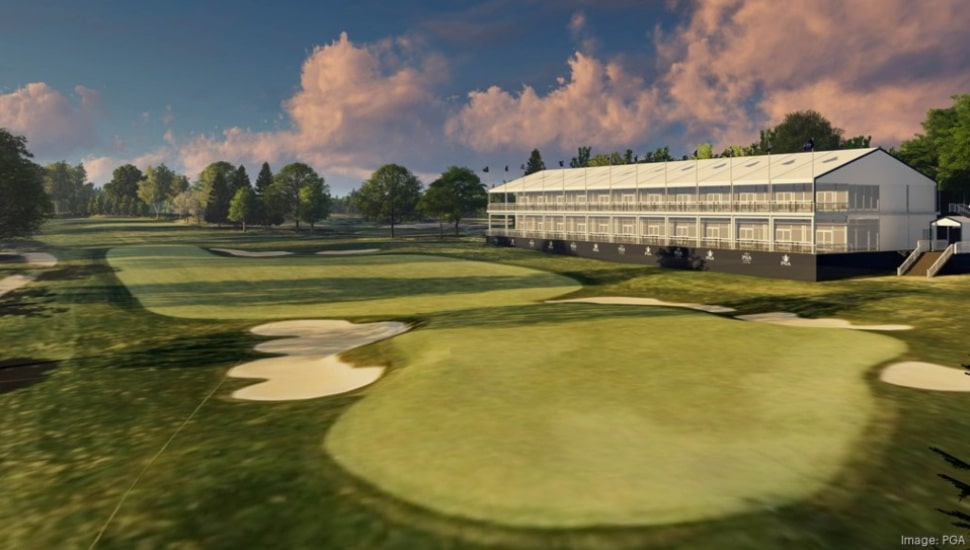 A rendering of a hospitality suite that will be erected at the 14th green at the Aronimink Golf Club in Newtown Square.