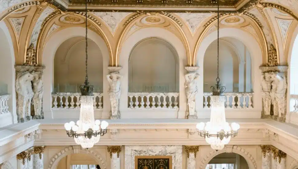 Overlooking twin chandeliers within Elkins Estate.