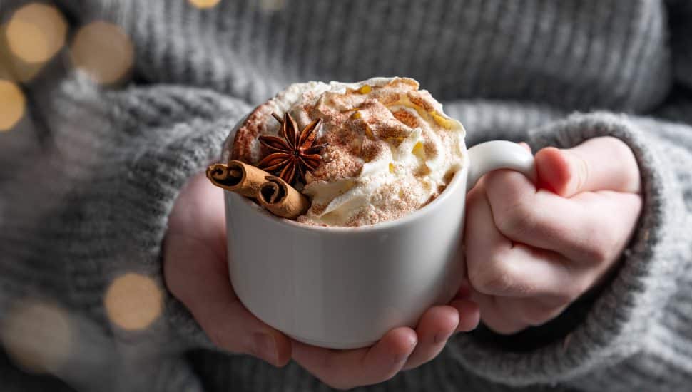 Cup of hot chocolate with whipped cream, cinnamon and anise in hands against the background of a gray warm sweater with a garland in blur close-up.