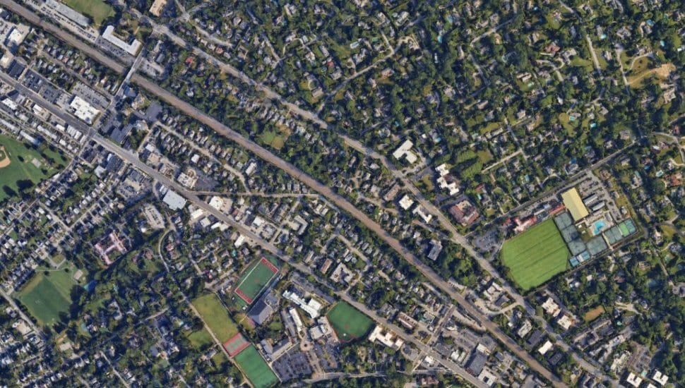 Aerial view of Montgomery Avenue running through Lower Merion and Narberth.