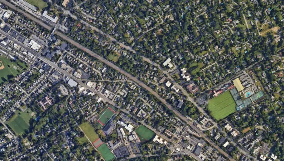 Aerial view of Montgomery Avenue running through Lower Merion and Narberth.