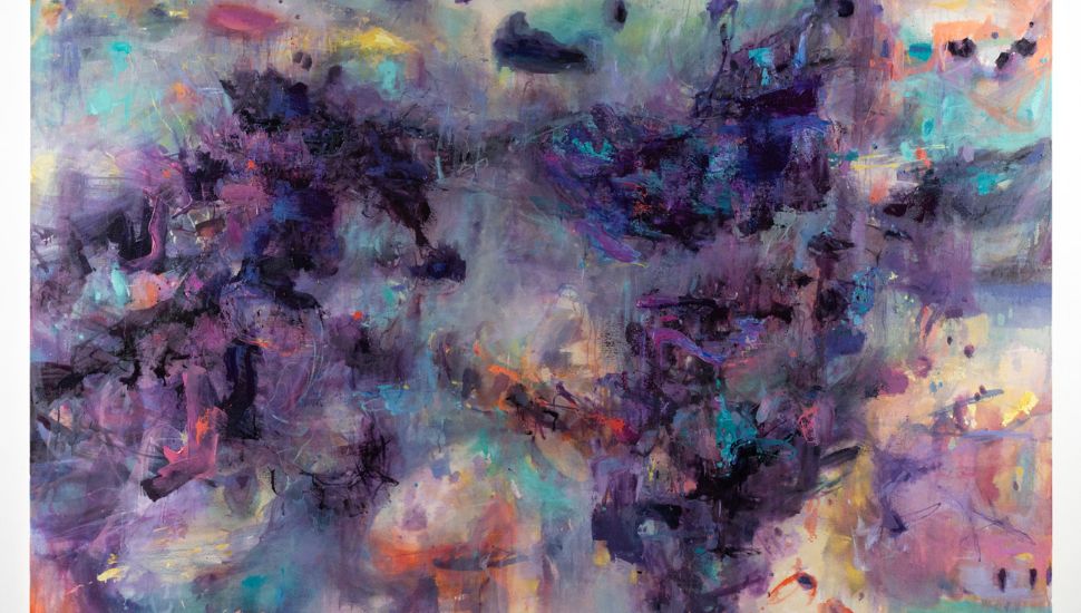 Abstract purple, blue, black and other colors on a canvas.