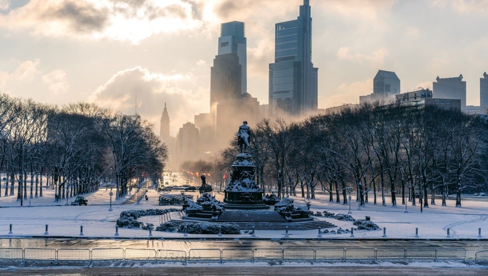 View of Philadelphia in cold weather and snow.