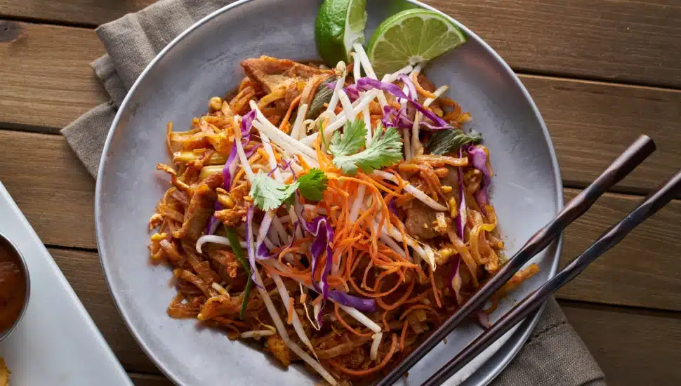 Beef pad thai shot from overhead view.
